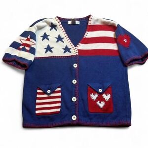 Vintage American Flag Stars & Stripes Patriotic‎ Knit Button Up Cardigan large